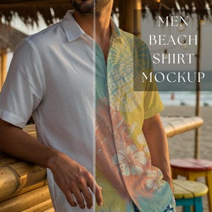 May include: A split image showcasing a white short-sleeved shirt and a colorful beach shirt with a floral and pineapple design. The text "MEN BEACH SHIRT MOCKUP" is overlaid on the image. The scene is set on a beach with a bar and stools.