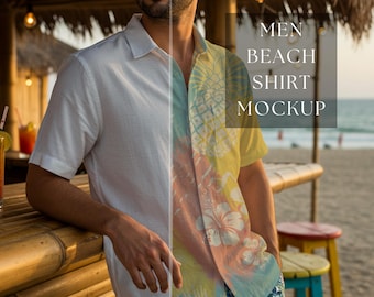 Mockup di camicia da spiaggia da uomo / Design di camicia estiva da uomo / Camicia da spiaggia / Mockup di camicia a maniche corte / Camicia hawaiana da uomo / Mockup PNG HQ a 300 DPI