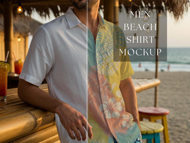 May include: A split image showcasing a white short-sleeved shirt and a colorful beach shirt with a floral and pineapple design. The text "MEN BEACH SHIRT MOCKUP" is overlaid on the image. The scene is set on a beach with a bar and stools.