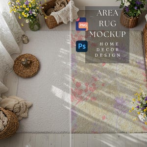 May include: A rectangular area rug mockup featuring a split design. The left side is a solid light gray texture, while the right side displays a floral pattern with red and purple botanical elements on a light background. Text reads AREA RUG MOCKUP.