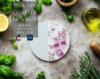 Maqueta de posavasos redondos / Maqueta de decoración del hogar / Diseño inspirado en la cocina / Diseño de posavasos personalizable / Decoración costera / 300 dpi HQ PNG y PSD