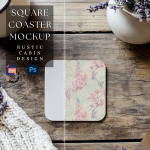 Square Coaster Mockup |Rustic Cabin Design |Coffee Coaster Mockup |Customizable Coaster Design |Sublimation Coaster |300 dpi HQ PNG & PSD