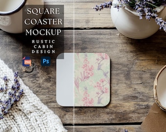 Fyrkantig underläggsmodell | Rustik stugdesign | Mockup för kaffeunderlägg | Anpassningsbar underläggsdesign | Sublimeringsunderlägg | 300 dpi HQ PNG & PSD