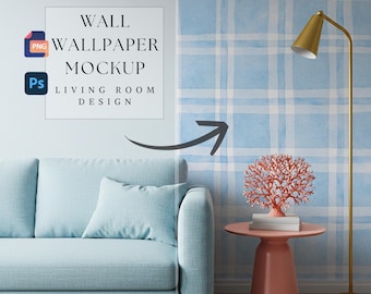 Mockup di carta da parati da parete / Design di soggiorno in stile costiero / Design di mockup di interni / Decorazione murale personalizzabile / Modello di carta da parati / PNG e PSD HQ a 300 dpi