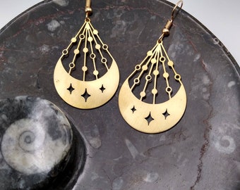 Raw Brass Moonbeam Earrings / Moon and Stars Dangle Earrings / Celestial Earrings/ Crescent Moon Drop Earrings / Hypoallergenic
