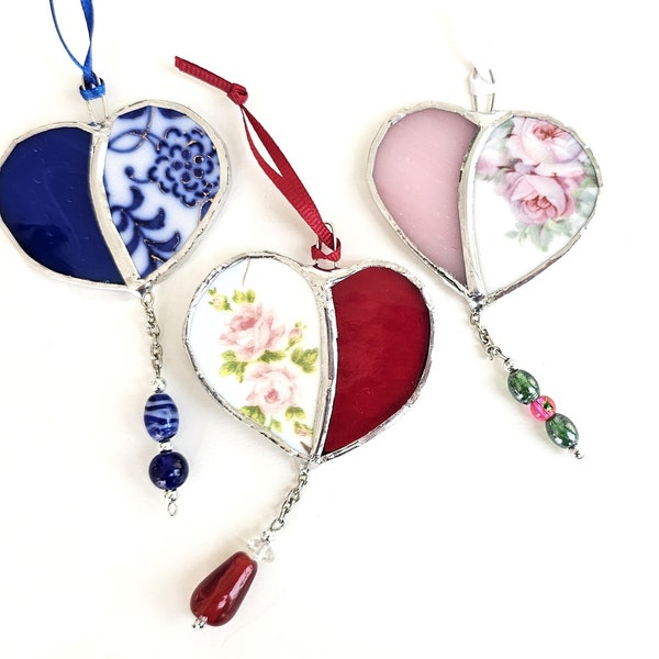Heart charm ornament made from broken china