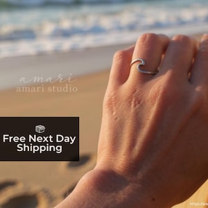 Minimalist Silver Sea Wave Adjustable Ring, Chic Ocean Beach Jewellery