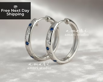 Small Silver Crystal Hoop Earrings, Simple Star Moon Hoop Earrings, Celestial Jewellery