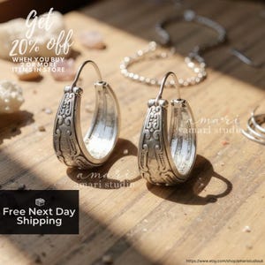 Silver Boho Hoop Earrings, Geometric Tribal Hoop Jewellery, Gift for Her – Ethnic Earrings