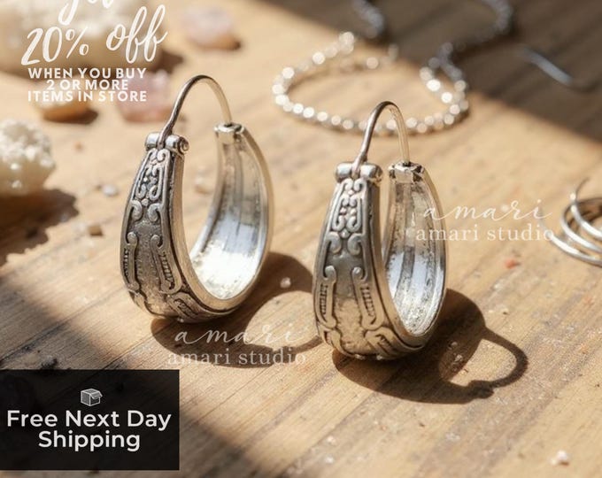 Silver Boho Hoop Earrings, Geometric Tribal Hoop Jewellery, Gift for Her – Ethnic Earrings