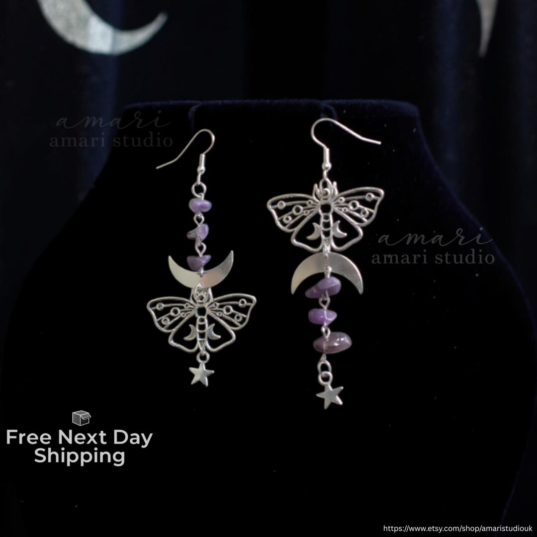 Silver Butterfly Moth Amethyst Earrings, Hippie Bohemian Jewellery - Etsy Japan