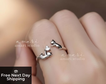 Silver Cat Crystal Adjustable Ring, Kitten Cat Animal Lover Jewellery