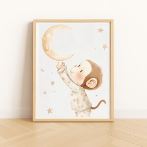 Baby Affe greift nach dem Mond, Kinderzimmer Wand Kunst, Dschungel Tier Druck, Sternenklare Nacht Pyjamas Dekor, digitaler Download für Kinderzimmer