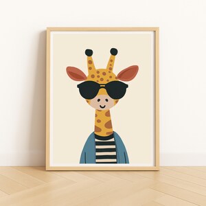 Cool Giraffe Wall Art, Trendy Animal Illustration with Sunglasses, Striped Shirt & Jacket, Cute Cartoon Nursery or Kids Room Decor