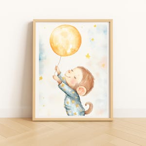 Baby Äffchen mit Mond Ballon, Kinderzimmer Wandkunst, Dschungel Tier Druck, Sternenklare Pyjamas Kinderdeko, verträumt digitaler Download