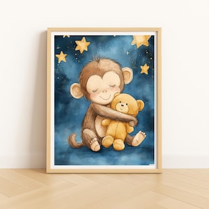 Baby Affe umarmt Teddy, Kinderzimmer Wandkunst, Nachthimmel Tierdruck, niedliches Kinderzimmer Dekor, digitaler Download Poster