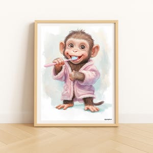 Arte de pared de mono bebé cepillándose los dientes, estampado de animal para el baño, decoración de rutina matutina, póster de cepillo de dientes para niños, descarga digital