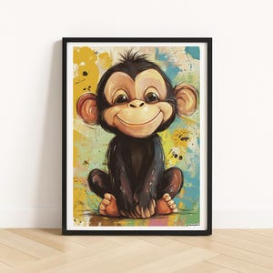 Arte de pared imprimible, póster de mono adorable, decoración de guardería de la selva, arte digital de animales, impresión de pared de dibujos animados, póster descargable, descarga digital