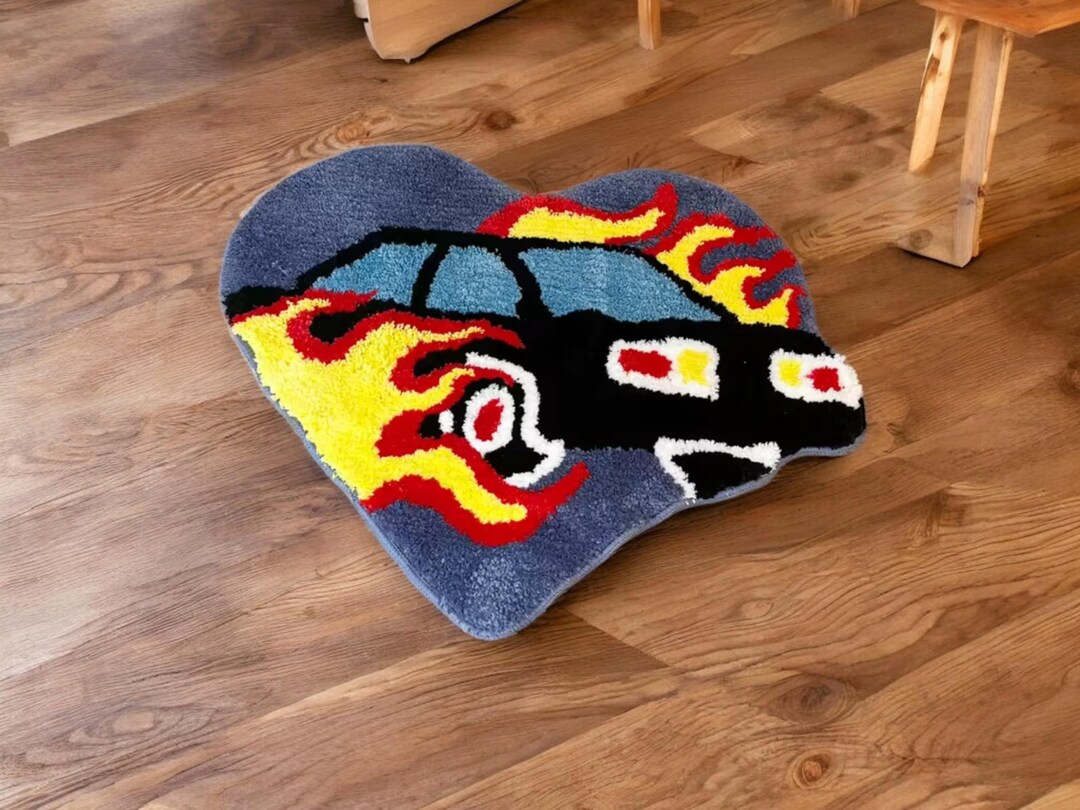 Heart Flame Car Tufted Rug – Black & White Geometric Doormat, Soft Anti ...