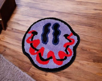 Purple Trippy Smiling Face Tufted Rug – Thick Handmade Custom Carpet, Trendy Flocking Rug for Home Decor or Gift
