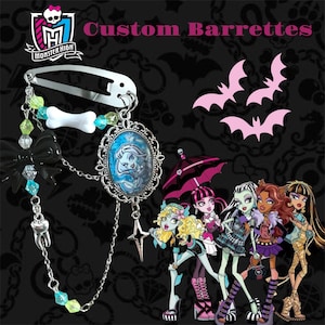 May include: A silver-toned metal hair barrette featuring a dangling chain design with turquoise and lime green beads, a white bone-shaped bead, a black bow, a silver tooth charm, and an oval pendant displaying a blue-toned character illustration.