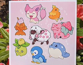 Pokemon Art Print (Wooloo, Skitty, Magikarp, Strawberry & Peach Bulbasaur, Spheal, Piplip, Torchic, Smoliv) Cute Mini Pokemon
