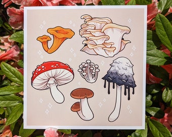 Mushrooms Art Print -  (Fly Agaric, Inky Cap, Porcini, Enoki, Oyster) Fungi Cottagecore Cute Art Print