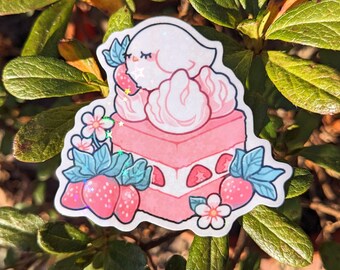 Strawberry Cake Bird Sparkly Gloss Vinyl Sticker