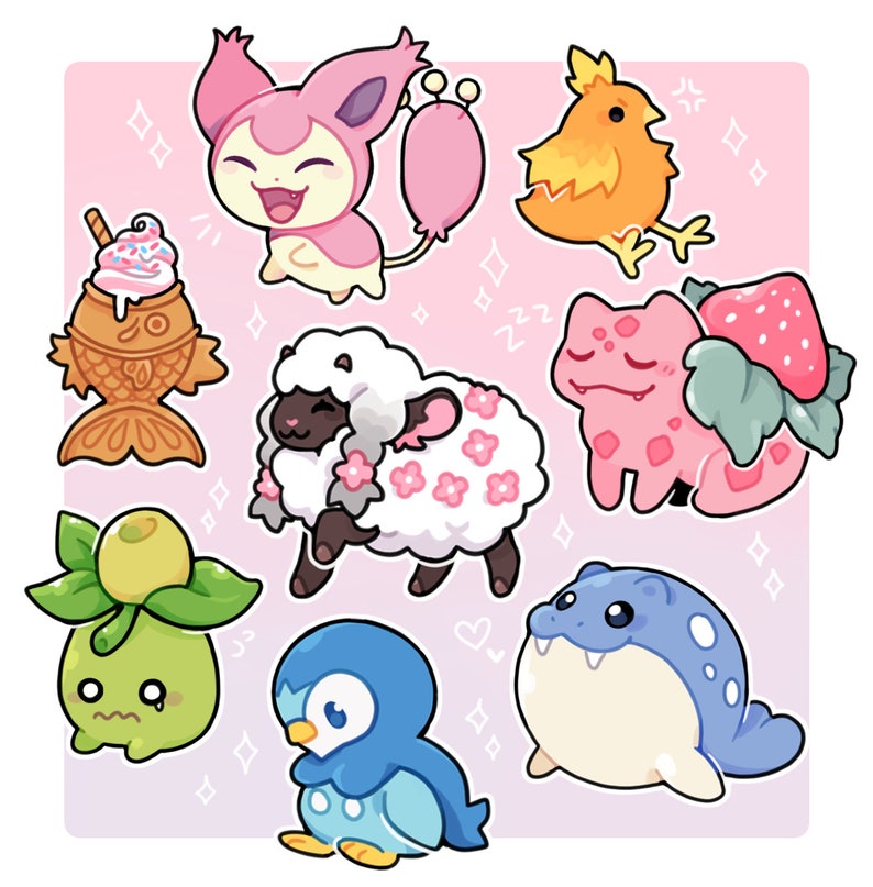 May include: A collection of nine cartoon-style creatures in various colors, including pink, blue, orange, and green, set against a light pink background with diamond and heart shapes. The creatures have unique designs, such as a sheep with flower accents and a penguin.