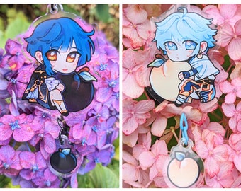 Chongyun & Xingqiu Keychains - Apricot/Peach Chongyun and Plum Xingqiu Genshin Impact Acrylic Charm Keychain