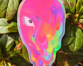 Pegatina holográfica - Cara de fusión del arco iris Arte original Vinilo único Pegatina impermeable