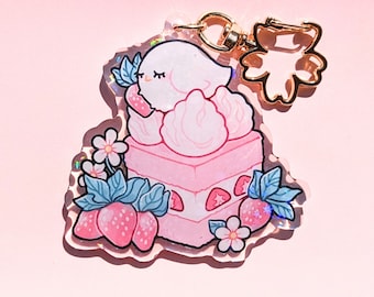 Strawberry Cake Bird - Cute Sparkly Glitter Holographic Acrylic Epoxy Charm Keychain