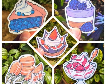 Dessert Stickers - (Blueberry Pie, Raspberry Ice Cream, Blackberry Cheesecake, Orange Macarons, Fig Tart) Cute Food Vinyl Stickers