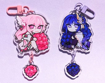 Yae & Raiden Keychains - Raspberry Yae Miko and Blackberry Raiden Shogun / Ei Genshin Impact Acrylic Charm Keychains