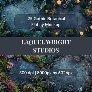 Gotisk botanisk platt lay-mockup, mörk akademisk fotografibakgrund, skogshäxa, mörk botanisk, midnattsblommor, digital nedladdning,