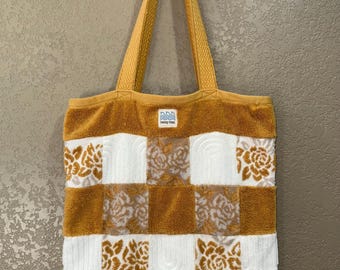 Sunwashed Bloom Tote – Upcycled Towel Bag, Boho Coastal Beach Tote, Handmade Checker Bag