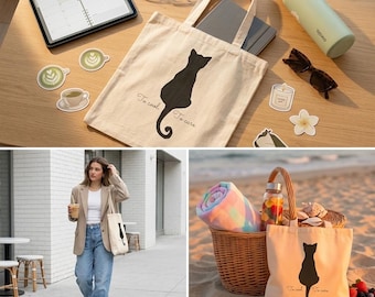 Cat Tote Bag, Black Cat Tote Bag, Cute Cat Lover Gift, Canvas Reusable Shopping Bag