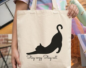 Cat Tote Bag, Black Cat Tote Bag, Cute Cat Lover Gift, Canvas Reusable Shopping Bag