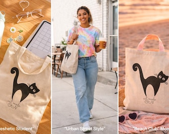 Cat Tote Bag, Black Cat Tote Bag, Cute Cat Lover Gift, Canvas Reusable Shopping Bag