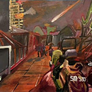 May include: An acrylic painting of a post-apocalyptic cityscape with a meteor in the sky. The scene includes buildings, figures, and game interface elements with numbers like "42/60" and "50/580". The colour palette is dominated by reds, browns, and greens.