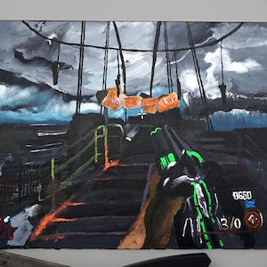 Pode incluir: Pintura acrílica retratando uma cena escura e tempestuosa com uma ponte e o texto "NO ONE GETS OUT ALIVE". A pintura apresenta uma perspectiva em primeira pessoa com uma arma e um indicador de saúde. Várias ferramentas circundam a pintura.
