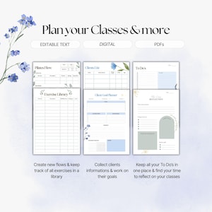 K&ouml;nnte beinhalten: Digitale Planerseiten mit dem Text "Planen Sie Ihre Kurse & mehr". Die Seiten enthalten Abschnitte f&uuml;r Pilates-Flow, Kundenlisten und To-Do-Listen. Florale Akzente und editierbarer Text sind enthalten. Der Planer ist f&uuml;r die digitale Nutzung und das PDF-Format konzipiert.