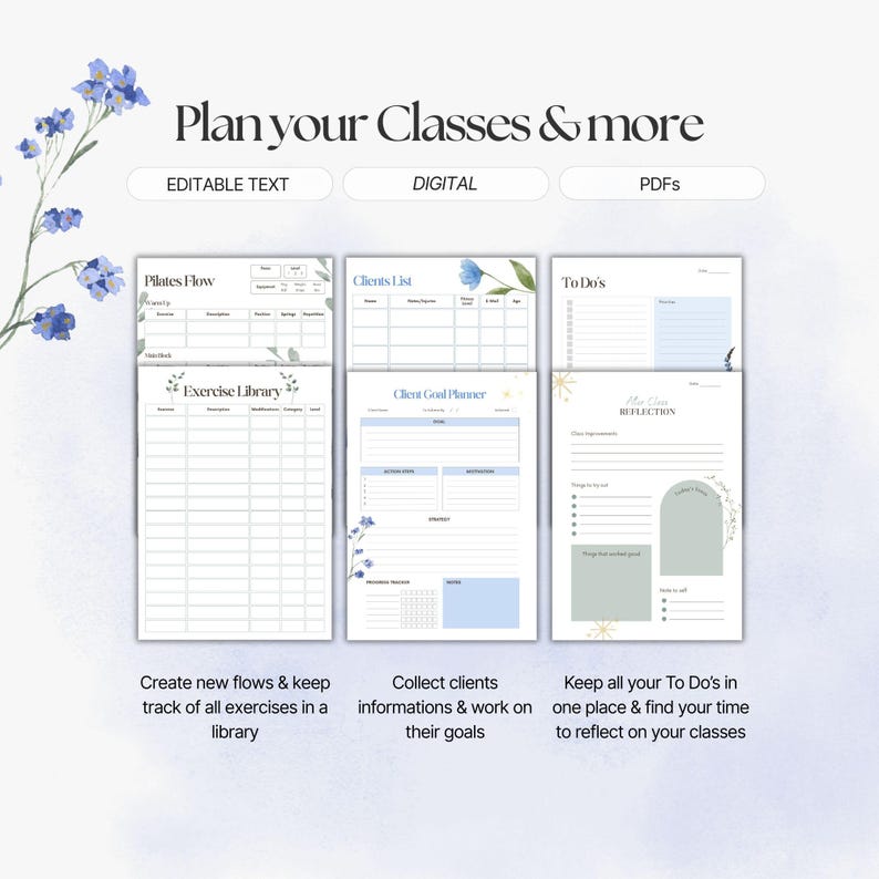 K&ouml;nnte beinhalten: Digitale Planerseiten mit dem Text "Planen Sie Ihre Kurse & mehr". Die Seiten enthalten Abschnitte f&uuml;r Pilates-Flow, Kundenlisten und To-Do-Listen. Florale Akzente und editierbarer Text sind enthalten. Der Planer ist f&uuml;r die digitale Nutzung und das PDF-Format konzipiert.