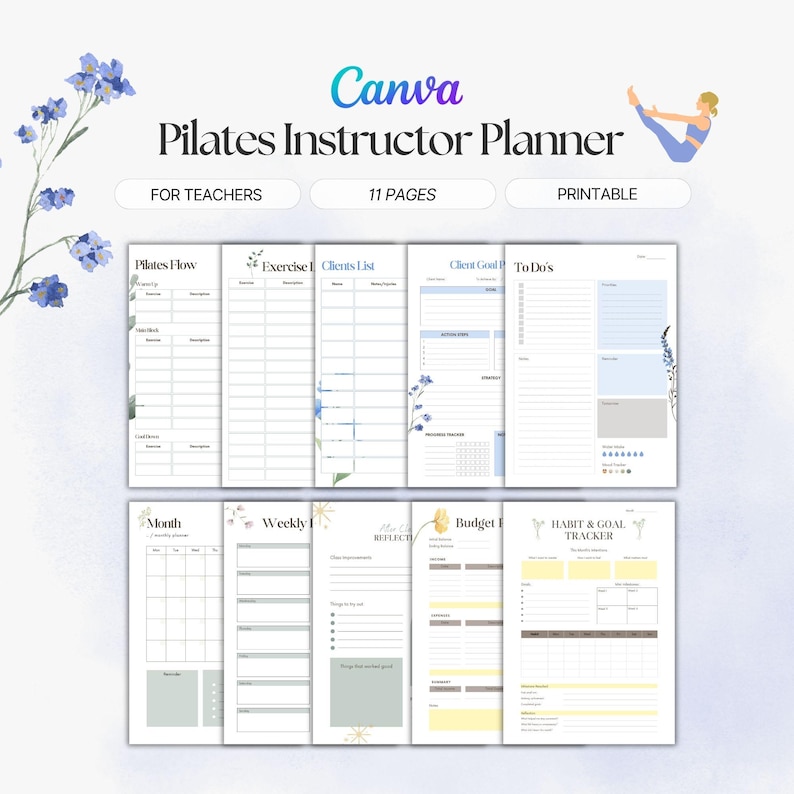 Pilates Instructor Planner with 11 PDF-Sheet for digital use, printable, canva template