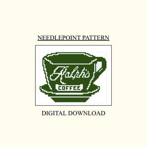 Puede incluir: Un patrón de punto de cruz de descarga digital con un diseño de taza de café verde pixelada con el texto "Ralph's Coffee". La taza está sobre un platillo, y también se muestran las palabras "Needlepoint Pattern" y "Digital Download".