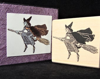 witch with broom rubber stamp