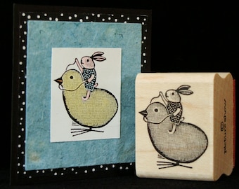 easter rubber stamp "bunny riding chick"