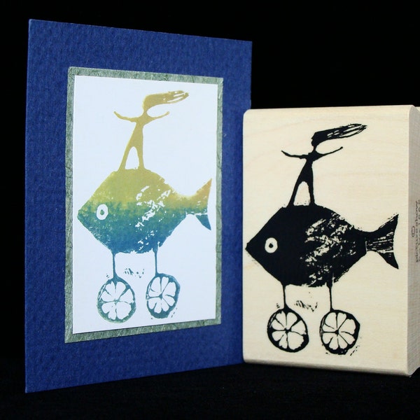 fish on wheels rubber stamp