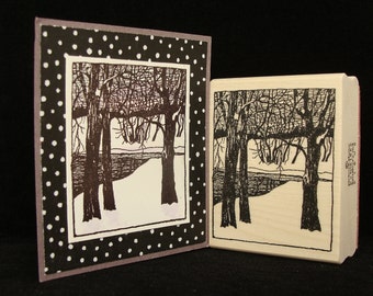 country winter scene rubber stamp