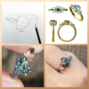 Puede incluir: Un collage de imágenes que muestran diseños de anillos. Una imagen es un boceto a lápiz. Otras imágenes muestran anillos terminados con piedras preciosas, incluido un anillo de ágata musgosa verde con un acento de hoja de arce de cobre y un anillo de oro con piedras preciosas azules.